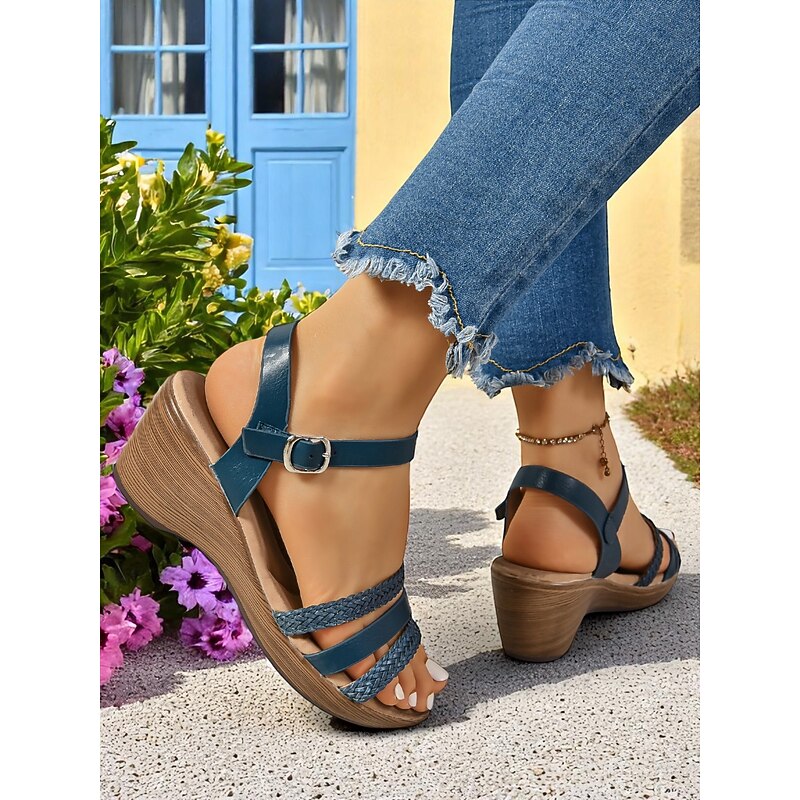 Women's Faux Leather Wedge Sandals with Braided Straps, Casual Summer Style for Weekend Getaways, Garden Parties and Daily Comfort3