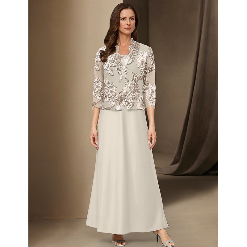 A-Line 3 Piece Mother of the Bride Dress Elegant Simple Casual Boat Neck Ankle Length Chiffon Long Sleeve with Lace
