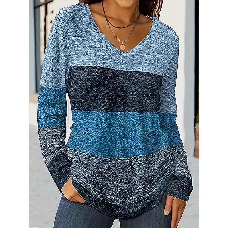 Women's T Shirt V Neck Long Sleeve Tunic Ombre Graphic Geometric Vintage Stylish Classic Regular Tops Daily Print Blue Purple Orange Green Spring Fall2