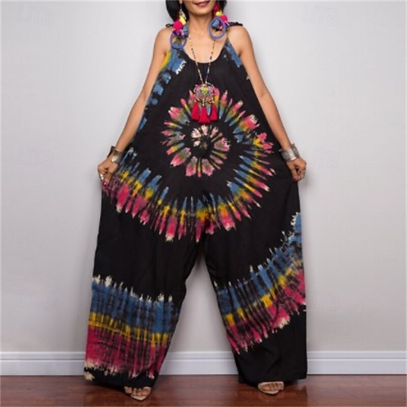 Women's Normal Jumpsuit Casual Tie Dye Sleeveless Wide Leg Crew Neck Pocket Print Street Daily Regular Fit Black Pink Navy Blue Summer3