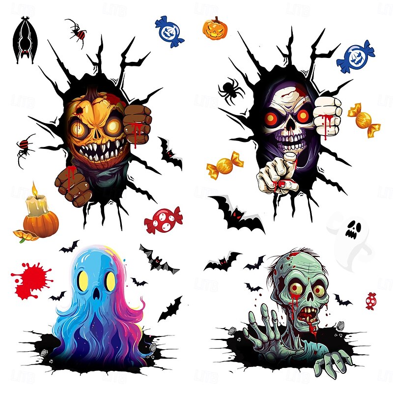 4 Sheets Halloween Window Cling Sticker Decals Decorations Double Side, Grim Reaper Skull Ghost Bat Spider Static Stickers for Halloween Party Supplies and Window Decor4