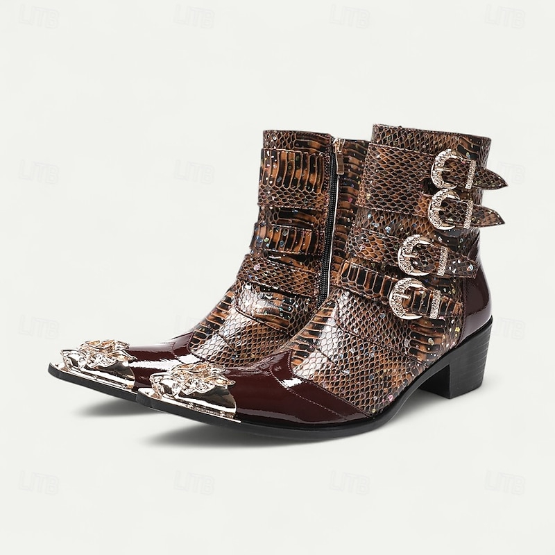 Men's Brown Crocodile-Pattern Leather Ankle Boots with Gold Tip Buckle Straps–Trendy Western-Inspired Footwear for Casual and Outdoor Wear2