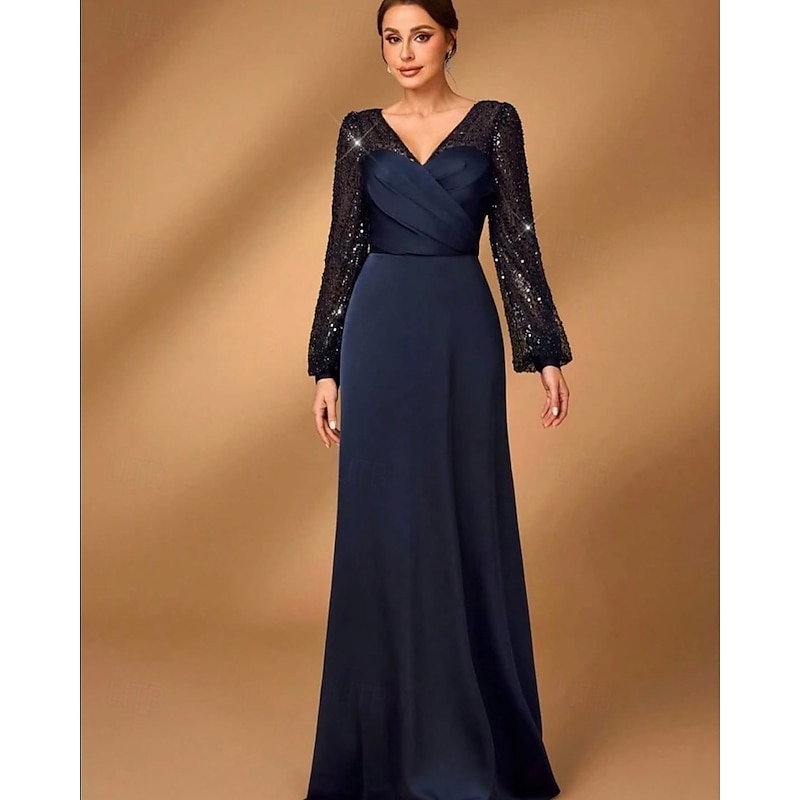 A-Line Mother of the Bride Dress Elegant Simple Minimalist V Neck Floor Length Satin Sequined Long Sleeve with Pleats