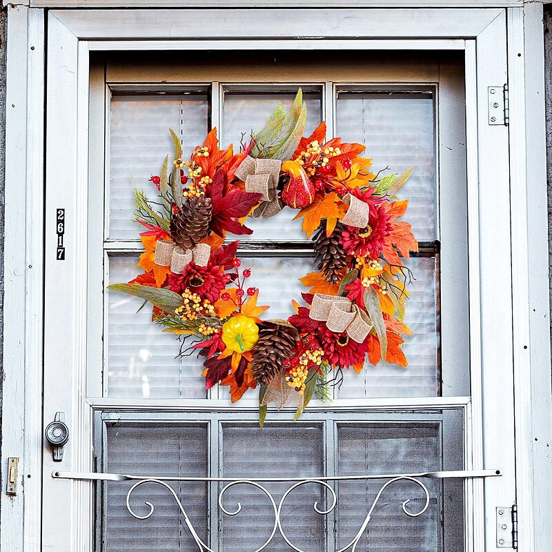 Fall Wreath for Front Door Thanksgiving Autumn Harvest Indoor Outdoor Decoration, Red Sunflower and Pinecone Wreath with Pumpkins and Maple Leaves Grapevine Wall Hanging4