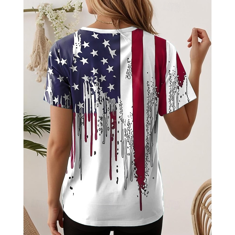 Women's Patriotic  T Shirt Graphic American Flag Vintage Stylish Classic Short Sleeve V Neck Regular Tops Daily Print White Summer Spring2