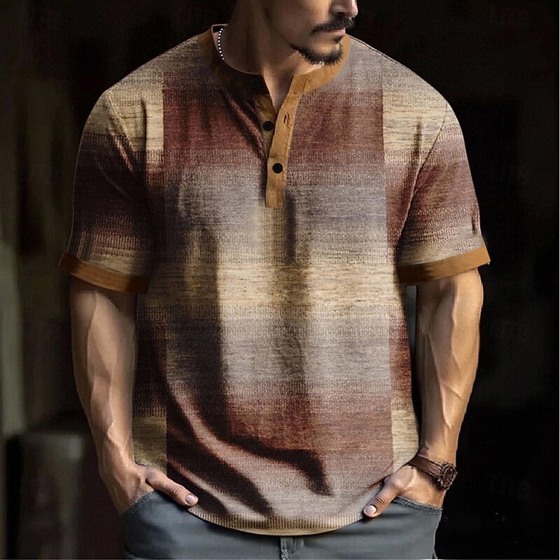 Men's Geometric Gradient Striped T Shirt Henley Shirt Short Sleeve Designer Retro Vintage Casual Street Casual Daily Summer Spring Autumn khaki Henley Henley T-Shirt