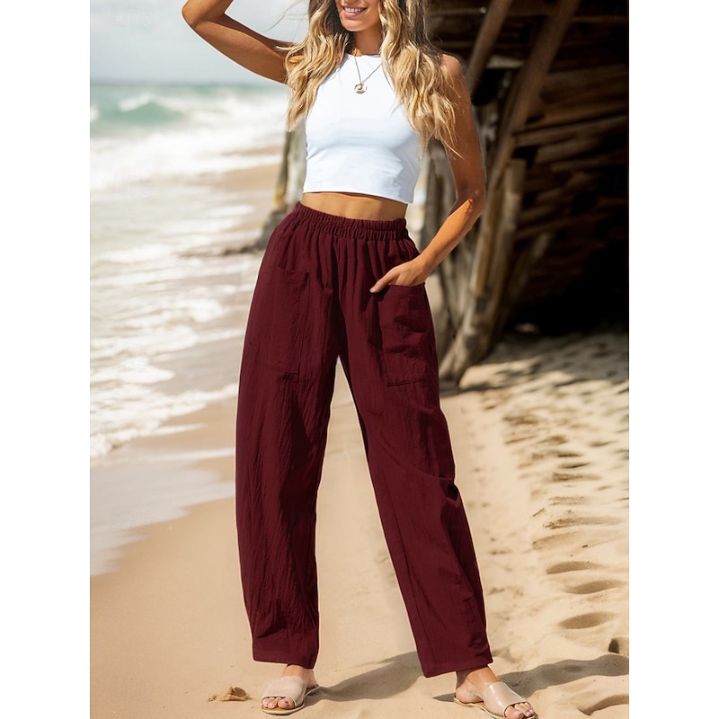 Women's Cotton Linen Pants Basic Full Length High Waist Plain Pocket Comfort Outdoor Micro-elastic Vacation Street Causal Black Pink Wine Navy Blue Summer Spring Fall Loose Fit