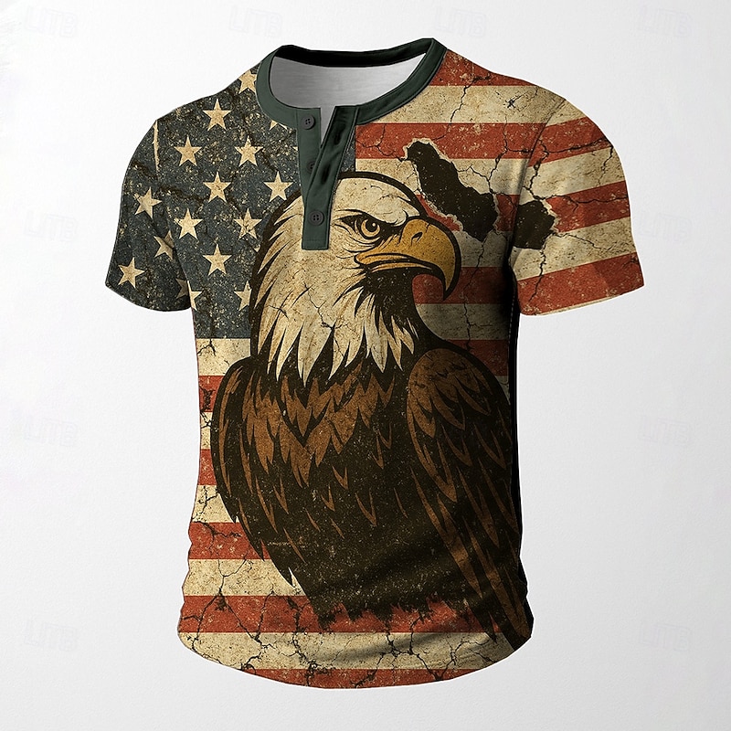 Men's Graphic Flag Eagle T Shirt Henley Shirt Short Sleeve Vintage Designer Retro Vintage Street Casual Daily Summer Spring Army Green Black White Red Henley Henley T-Shirt