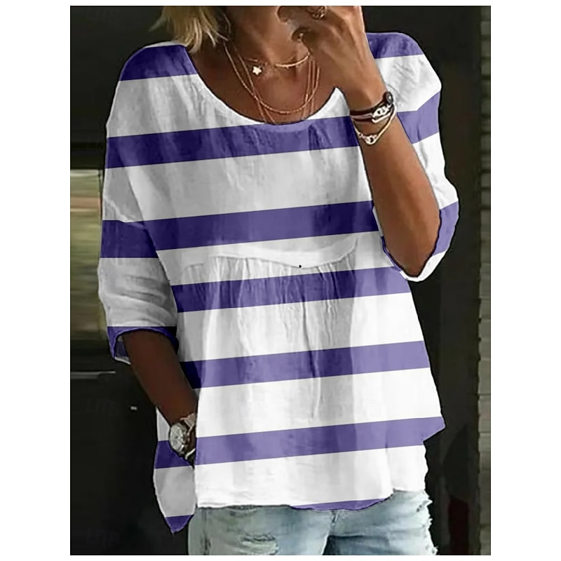 Women's Blouse Striped Stylish 3/4 Length Sleeve Crew Neck Regular Tops Daily Holiday Print Black Red Navy Blue Purple Fuchsia Summer