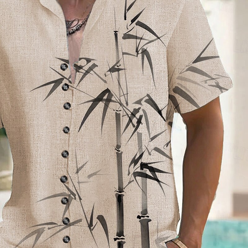 Men's Leaf Plants Bamboo Shirt Button Up Shirt Stand Collar Shirt Short Sleeves Fashion Casual Vacation Beach Wear Summer Spring Grandad Collar Mandarin Collar 3D Print Linen Like Shirt Pink Green4