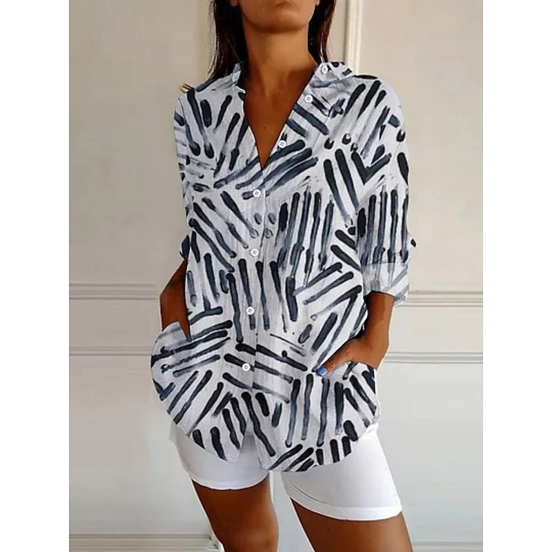 Women's Shirt Leopard Striped Active Daily Stylish Long Sleeve Shirt Collar Regular Tops Daily Holiday Buttons Print White Brown Spring Fall3