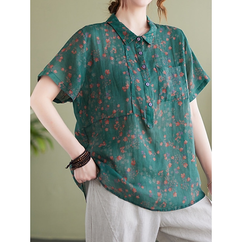 Women's Cotton Linen Shirts Floral Basic Casual Short Sleeve Shirt Collar Regular Tops Daily Buttons Print Blue Green Summer