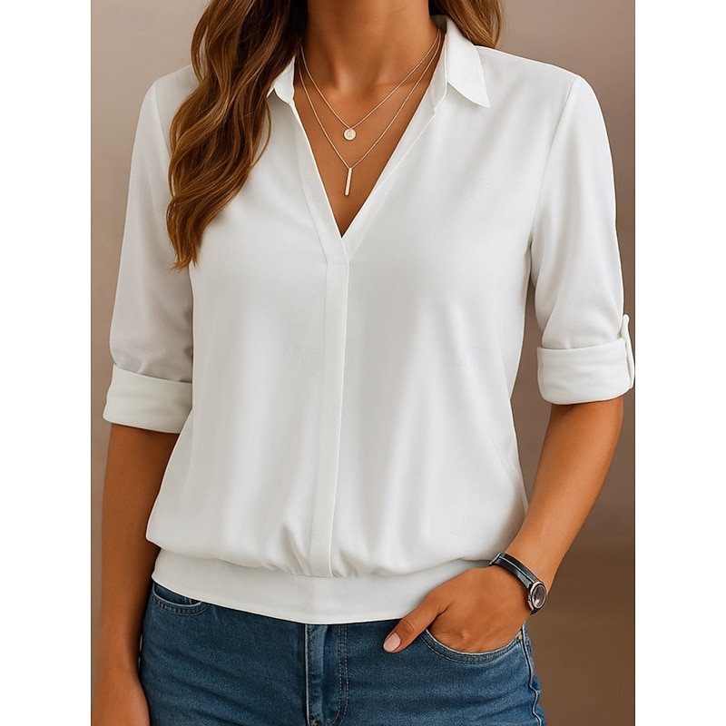 Women's Shirt Solid Color Stylish Casual 3/4 Length Sleeve V Neck Regular Tops Work Daily Holiday White Pink Gray Light Blue Summer