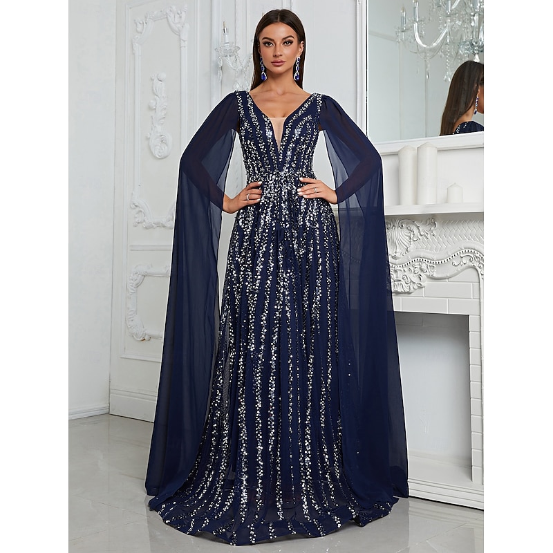 Cape Dress A-Line Evening Gown Elegant Dress Formal Wedding Floor Length Sleeveless Plunge Neck Chiffon with Glitter Sequin Lace