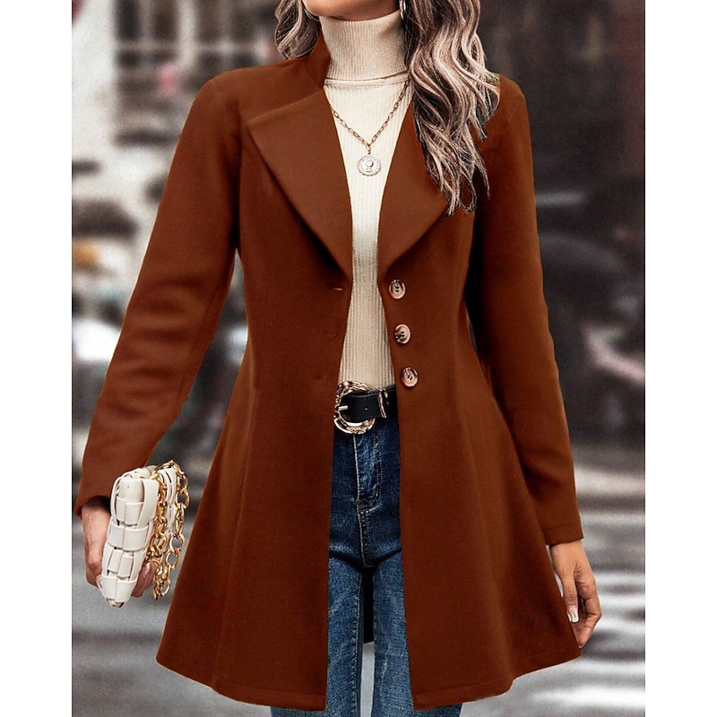Women's Coat Warm Comfortable Buttons Fashion Plain Street Holiday Single Breasted Long Turndown Regular Fit Long Sleeve Outerwear Black Apricot Coffee Fall Winter