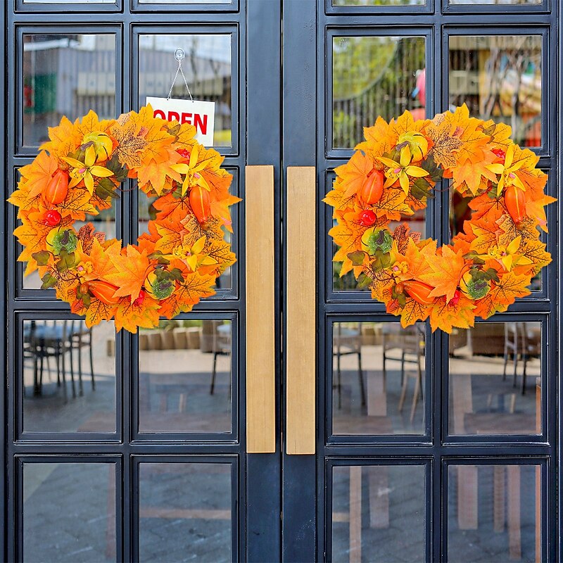 Fall Wreath for Front Door Thanksgiving Autumn Harvest Indoor Outdoor Decoration, Pumpkin and Maple Leaf Artificial Grapevine Wreath Halloween Home Decor2