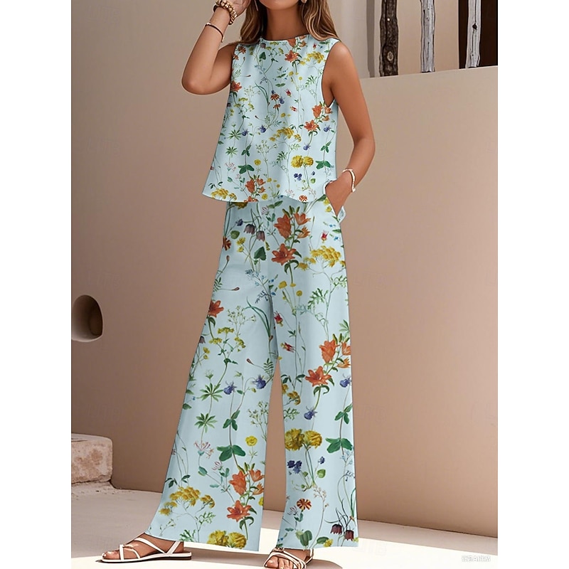Women's Elegant Fashion Streetwear Two Piece Sets Blouse Vest Pants Trousers Sleeveless Crew Neck Outdoor Work Casual Floral Print Vacation Daily Holiday White Navy Blue Blue Summer Regular Fit2