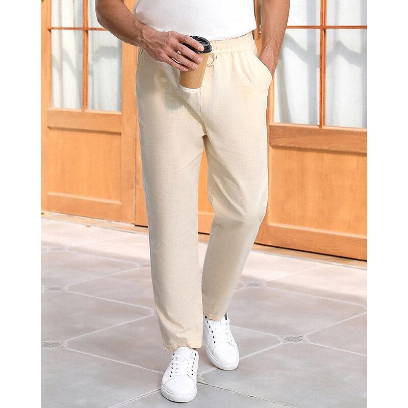 Men's Linen Pants Trousers Summer Pants Beach Pants Pocket Drawstring Elastic Waist Plain Comfort Breathable Vacation Daily Holiday Hawaiian Boho Beige2