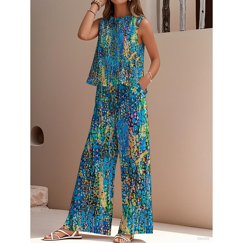 Women's Elegant Fashion Streetwear Two Piece Sets Blouse Vest Pants Trousers Sleeveless Crew Neck Outdoor Work Casual Floral Print Vacation Vintage Daily Holiday Blue Purple Fuchsia Summer Regular Fit