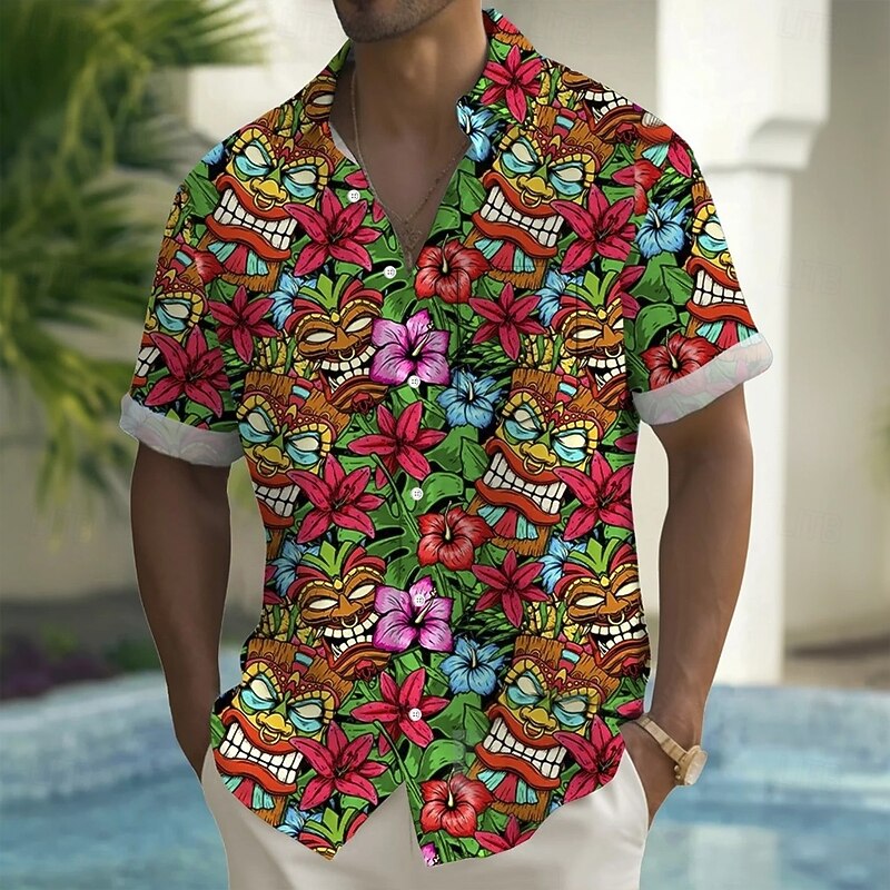 Men's Floral Print Indian Culture Tiki Shirt Summer Shirt Button Up Shirt Short Sleeve Vintage Retro Outdoor Vacation Dailywear Summer Spring Turndown 3D Print Collared Shirts Front One Pocket Green3
