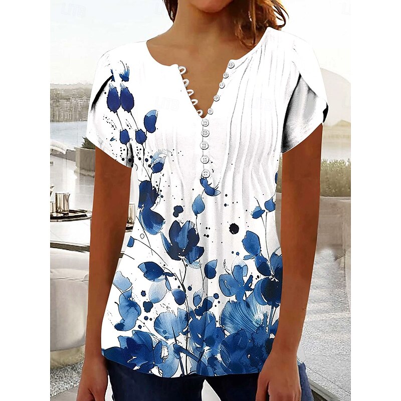 Women's Boho Shirt Ombre Floral Graphic Bohemia Vintage Daily Sleeveless Short Sleeve Notched Neck Regular Tops Daily Holiday Vacation Wear Ruffle Smocked Sage Green Black Red Blue Purple Summer3