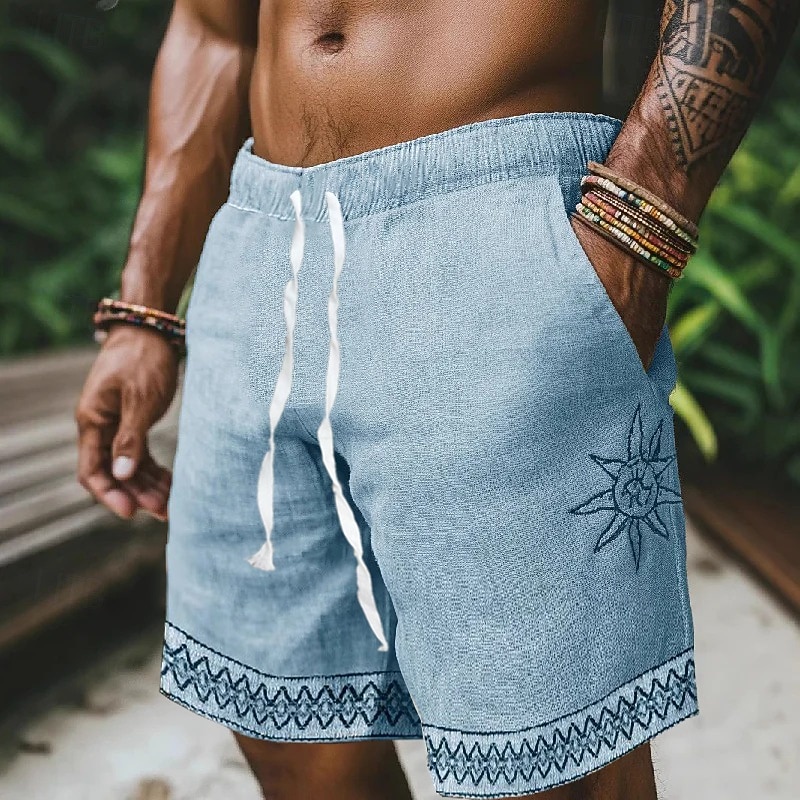 Men's Shorts Linen Shorts Summer Shorts Beach Shorts Patchwork Elastic Waist Plain Comfort Breathable Short Outdoor Daily Beach Vacation Fashion Sky Blue Green3
