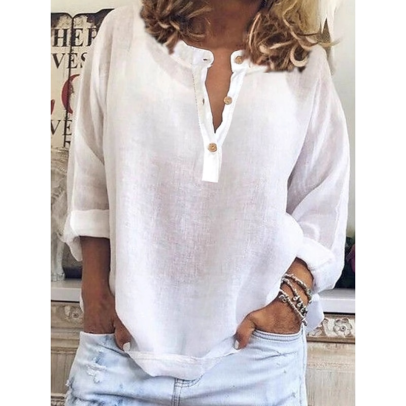 Women's Shirt Solid Color Plain Stylish Casual Long Sleeve V Neck Notched Neck Regular Tops Daily Buttons White Yellow Blue Purple Summer Spring2