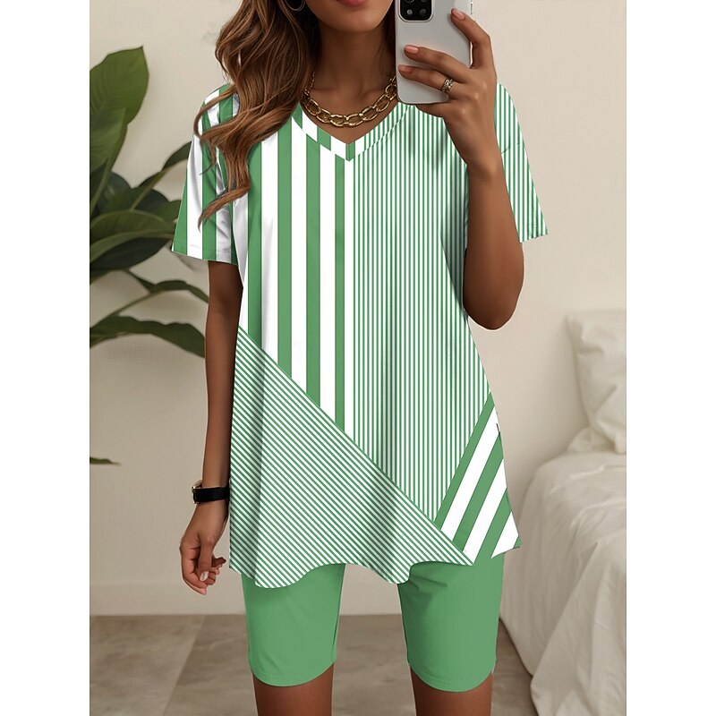 Women's Fashion T Shirt Shorts Sets Short Sleeve V Neck Graphic Striped Print Casual Daily Blue Purple Green Summer Loose Fit4