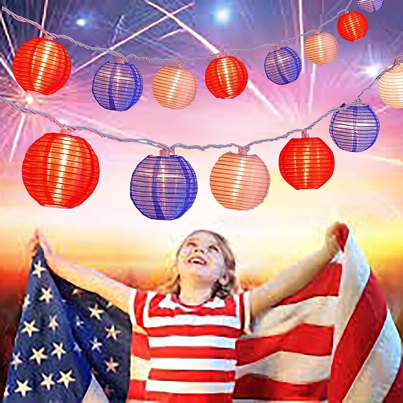 1 Pc 3M-20 LED Patriotic Laterns String Lights July 4th Independence Day Red, White, Blue Lantern Indoor and Outdoor Party Patriotic Atmosphere Waterproof Battery Box Remote Control4
