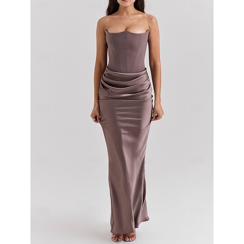 Women's Long Dress Maxi Dress Corset Dress Cocktail Dress Satin Dress Fashion Modern Party Evening Party Tea Party Slim Plain Sleeveless Strapless Brown Summer3