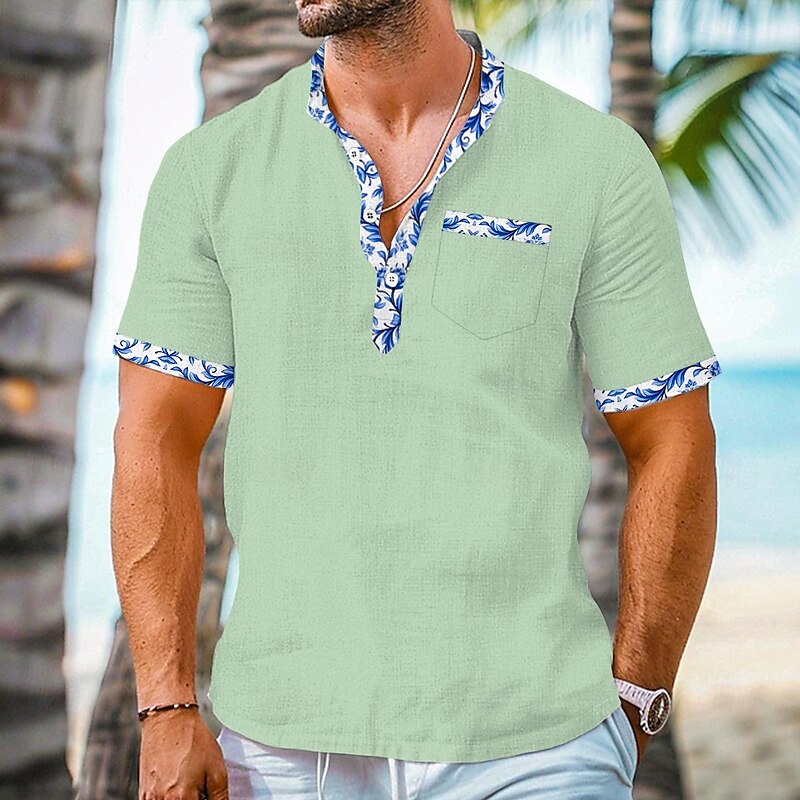 Men's Floral Print Tropical Flowers Shirt Henley Shirt Stand Collar Shirt Short Sleeve Hawaiian Vacation Casual Summer Spring Mandarin Collar Band Collar Buttons Front One Pocket Linen Like Shirt3