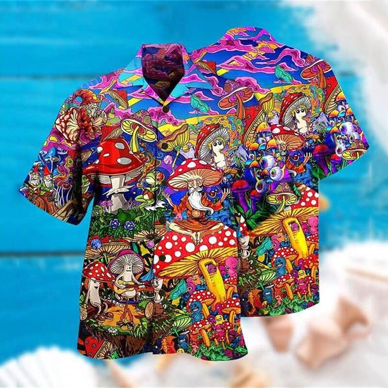 Men's Mushroom Shirt Summer Hawaiian Shirt Aloha Shirt Shirt Turndown Fashion Designer Casual Outdoor Street Casual Black Yellow Black / Purple S M L2