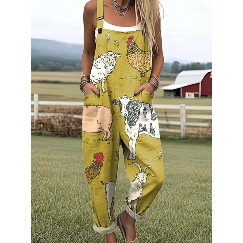 Women's Romper Active Graphic Sleeveless Buttons Vacation Street Loose Fit White Yellow Green Summer2