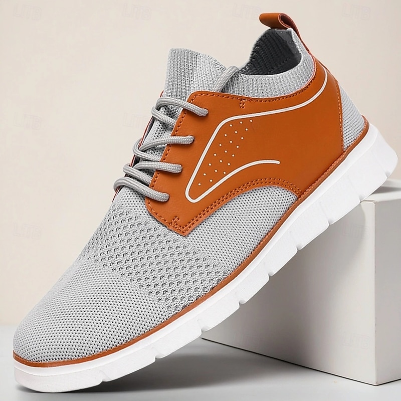 Men's Gray Knit Sneakers with Faux Leather Patch Lightweight Breathable Casual Walking Shoes Ideal for Spring Travel and Daily Wear