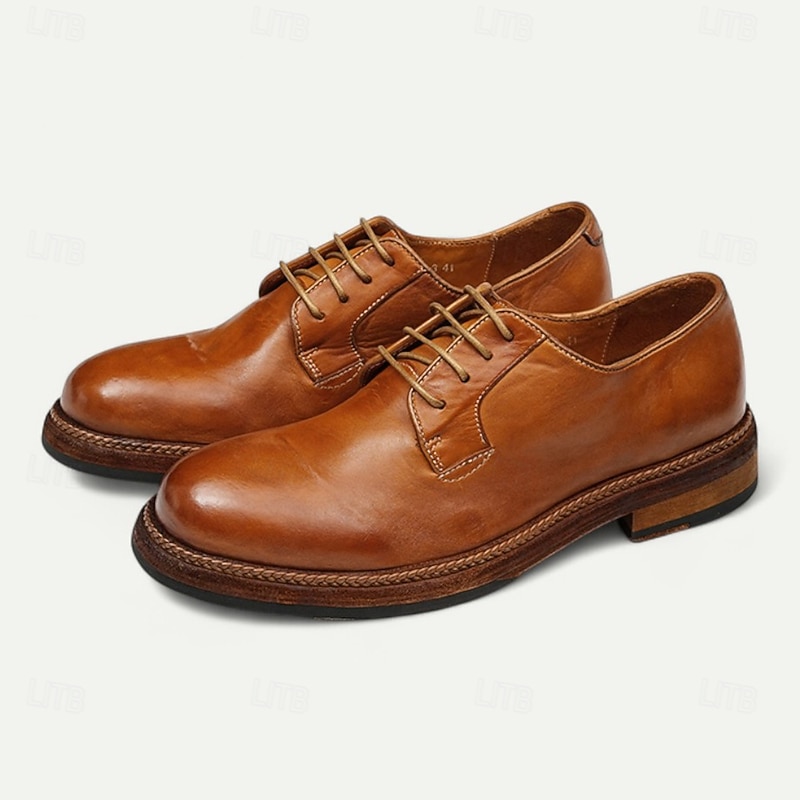 Men's Tan Leather Derby Shoes with Goodyear Welt and Clean Design - Stylish Dress Shoes for Formal, Wedding and Business Events3