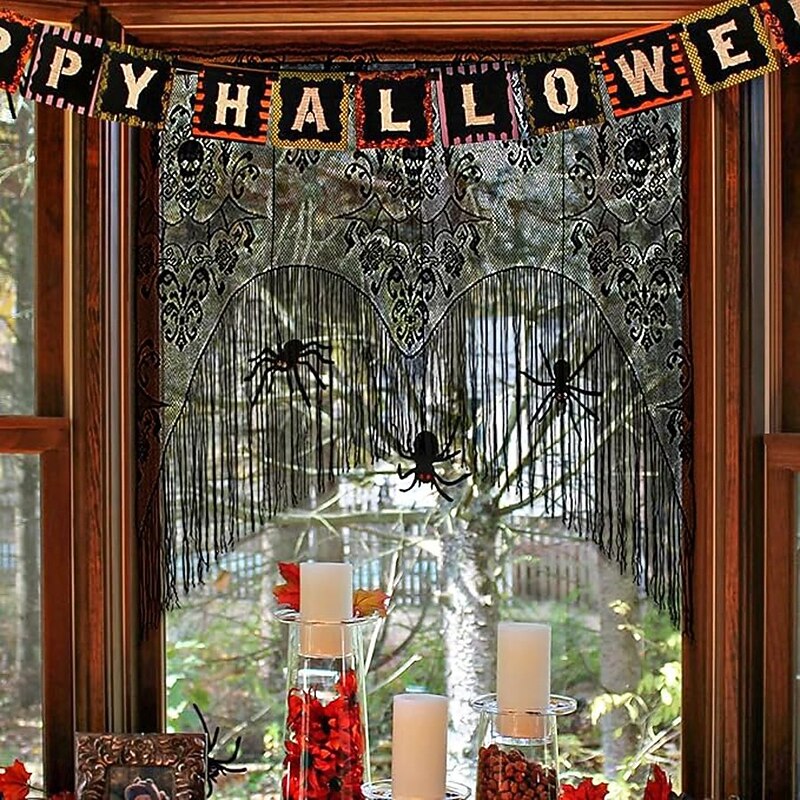 Halloween Door Curtain Skull Lace Curtain Wall Hanging Curtain Halloween Indoor Outdoor Decor Supplies Background Props2