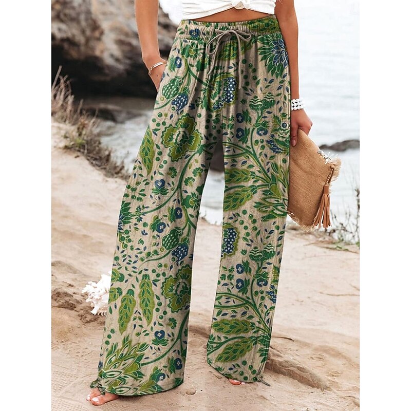 Women's Culottes Wide Leg Wide Leg Chinos Vacation Vintage Fashion Full Length High Waist Floral Graphic Leaf Elastic Waistband Printing Soft Breathable Micro-elastic Vacation Street Causal Maroon