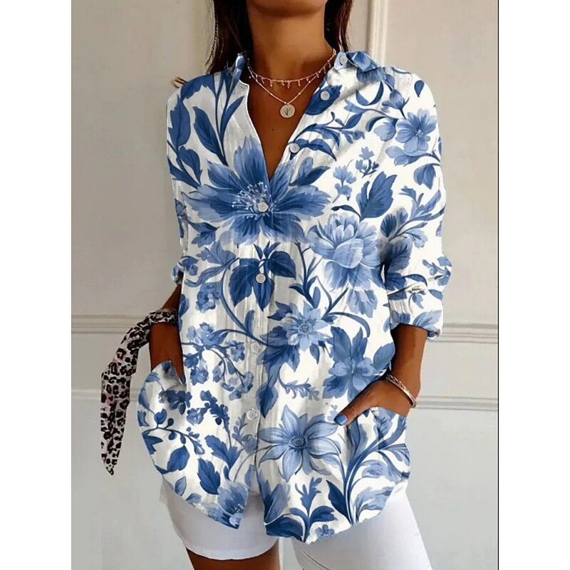 Women's Shirt Floral Active Daily Stylish Long Sleeve Shirt Collar Regular Tops Daily Holiday Buttons Print Pink Red Royal Blue Blue Dusty Blue Spring Fall3