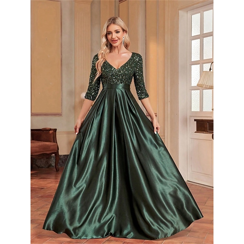 A-Line Quinceanera Dresses Elegant Dress Formal Wedding Floor Length Long Sleeve V Neck Polyester with Sequin2