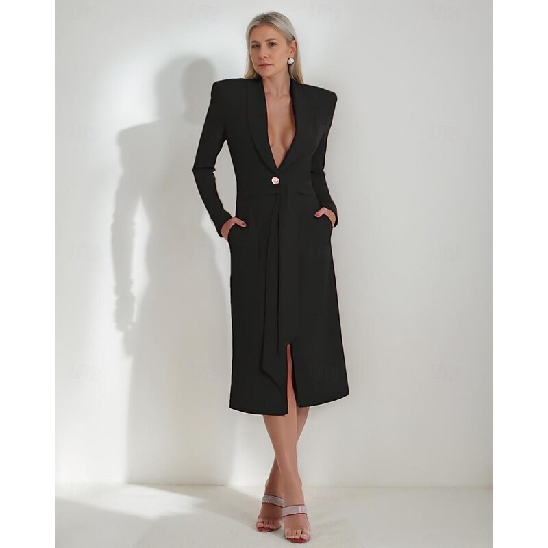 Tuxedo Dress Sheath Formal Wedding Guest Stretch Crepe Elegant Simple Long Sleeve Tea Length Shawl Lapel Lapel