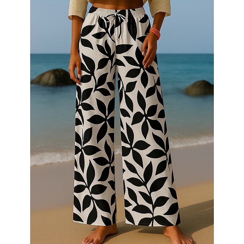 Women's Culottes Wide Leg Wide Leg Chinos Vacation Vintage Ethnic Style Full Length High Waist Floral Graphic Leaf Quick Dry Breathability Soft Inelastic Outdoor Vacation Sport Black Navy Blue Purple