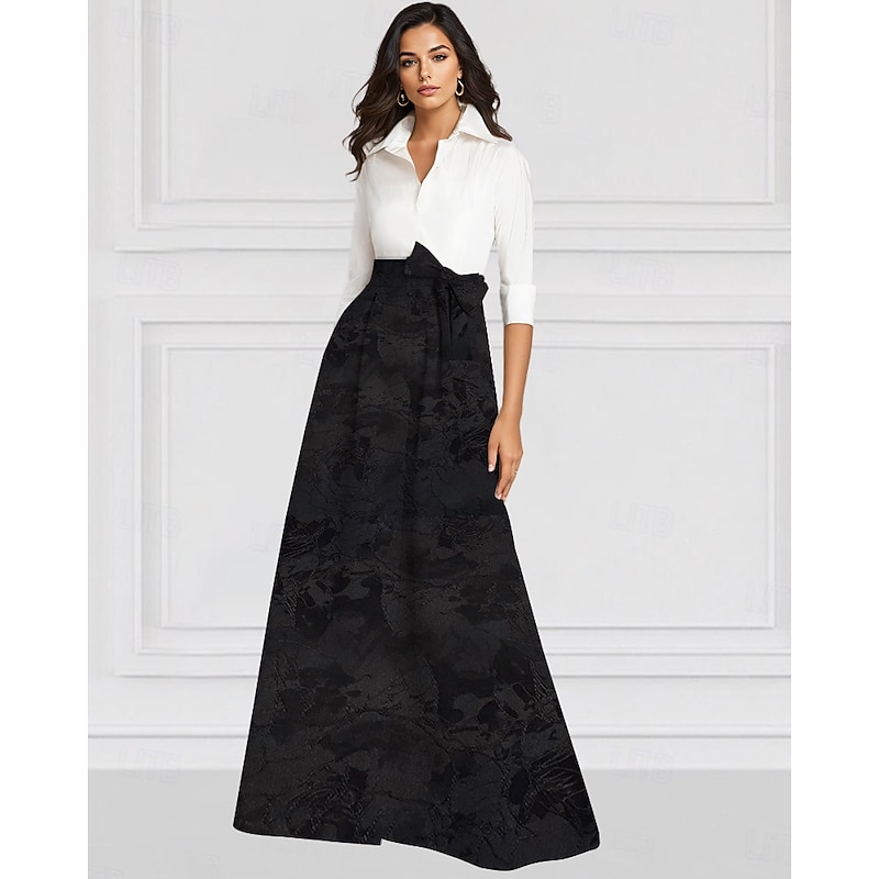 A-Line Mother of the Bride Dress Elegant Vintage Shirt Collar Floor Length Stretch Fabric Long Sleeve4