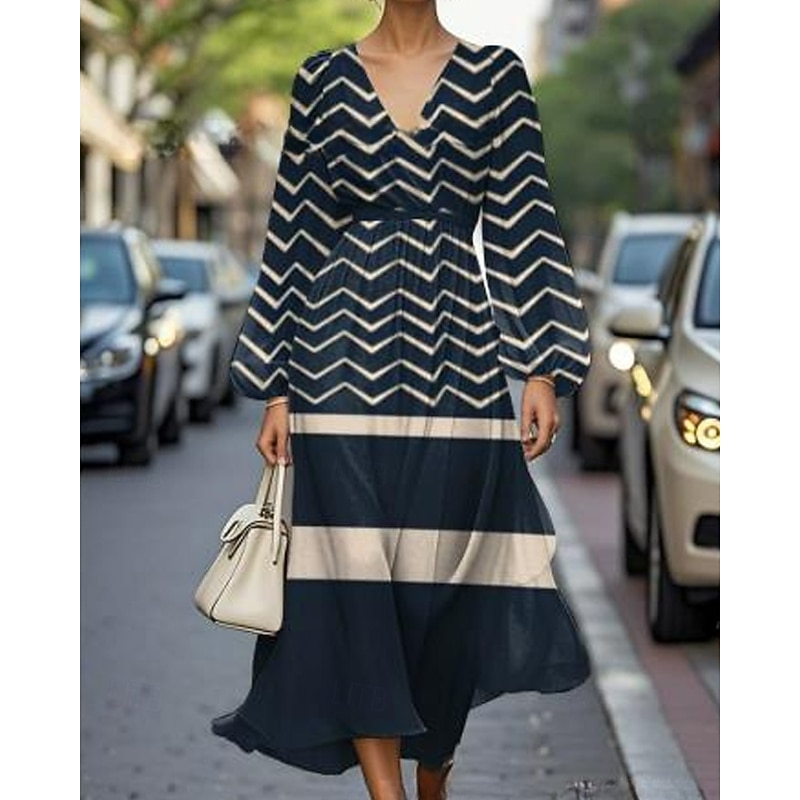 Women's Midi Dress Casual Dress Print Dress Elegant Fashion Outdoor Party Holiday Regular Fit Geometric Striped Long Sleeve V Neck Black Green Khaki Summer Spring