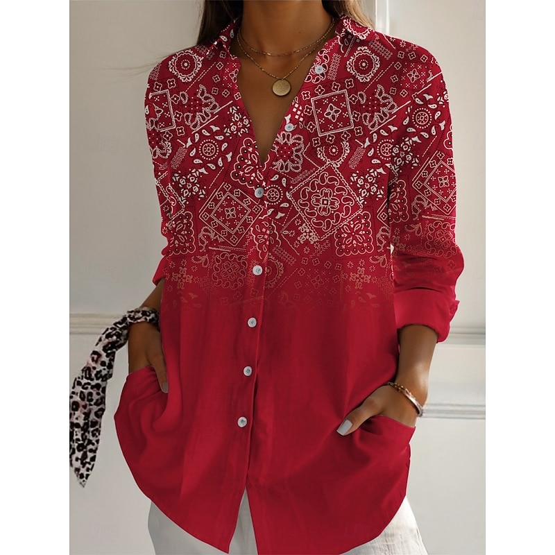 Women's Shirt Geometric Color Block Vintage Western Ethnic Long Sleeve Shirt Collar Regular Tops Daily Holiday Buttons Print Black Red Blue Brown Green Spring Fall