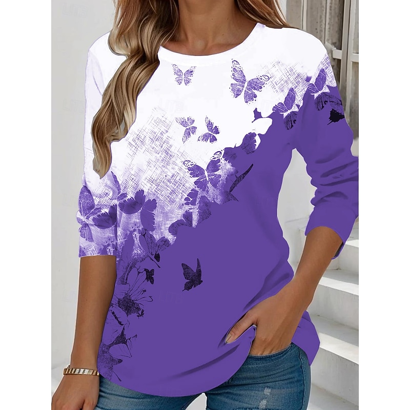 Women's T shirt Long Sleeve Crew Neck Long Sleeve Tunic Floral Elegant Cute Regular Tops Daily Going out Weekend Print Black Red Blue Purple Green Spring Fall Prefall3