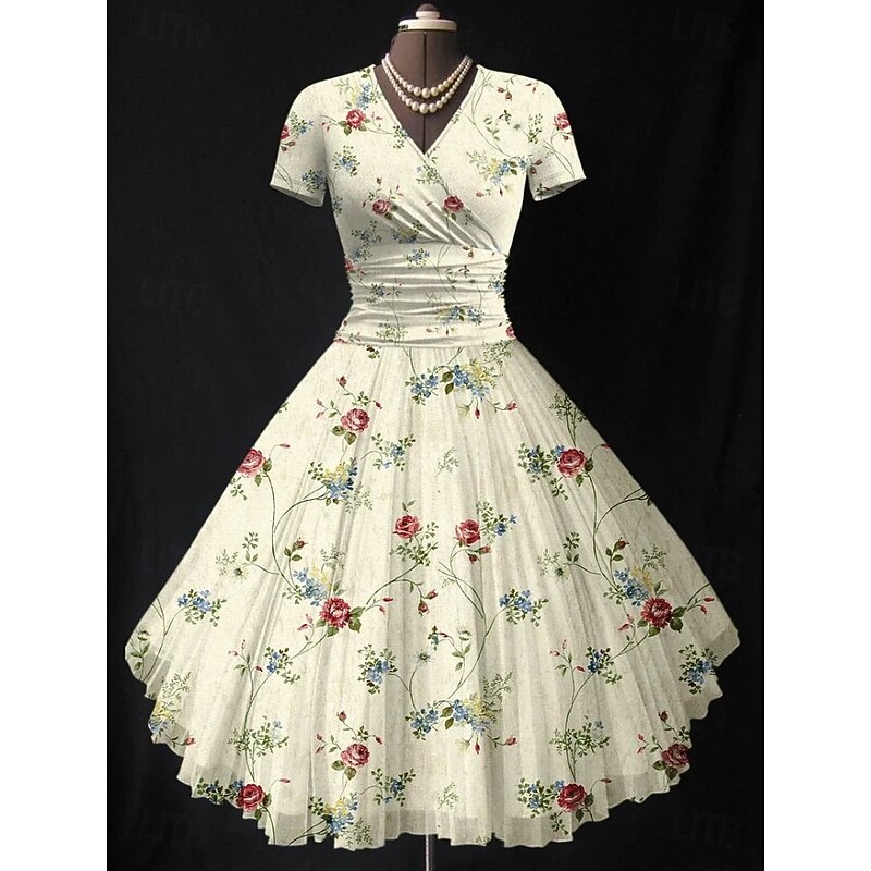 Women's Midi Dress Summer Dress Fit And Flare Dress Vacation Party Casual Wedding Party Wedding Guest Regular Fit Floral Graphic Short Sleeve V Neck Black Pink Green Beige Summer2
