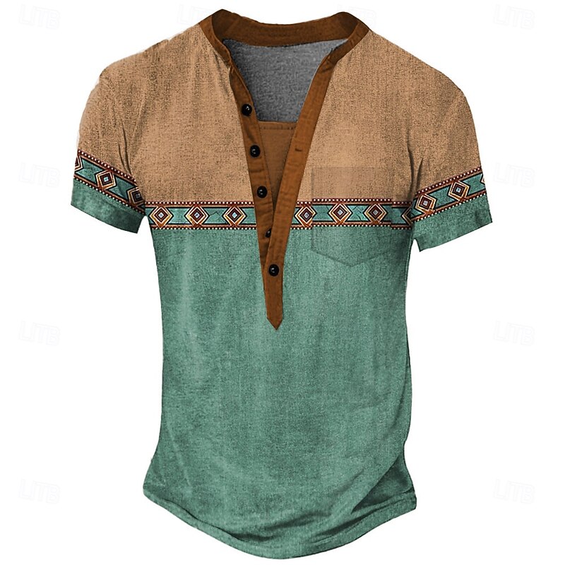 Men's Geometric Tribal Ethnic T Shirt Henley Shirt Tee Short Sleeve Vintage Designer Basic Outdoor Casual Daily Summer Spring Light Green Light Blue Purple Henley Henley T-Shirt2