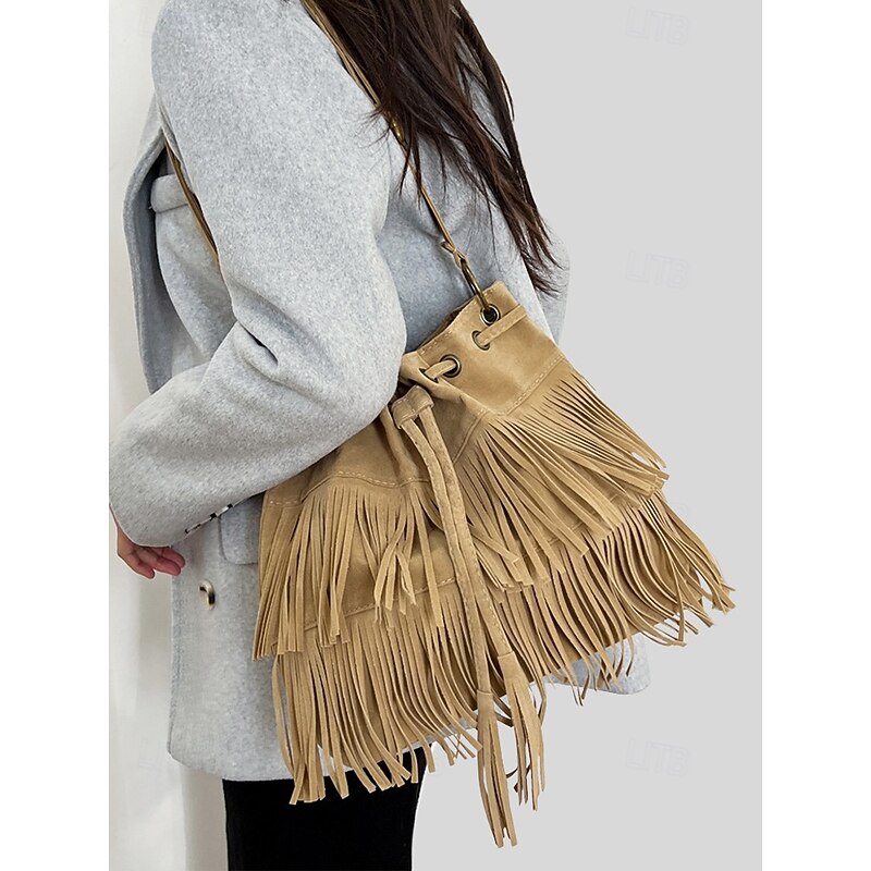 Women's Faux Suede Fringe Bucket Shoulder Bag – Bohemian Drawstring Crossbody Purse for Casual Outings, Festivals and Daily Wear4