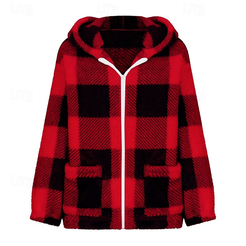 Women's Casual Jacket Hoodie Jacket Warm Comfortable Zipper Pocket Outdoor Casual Plaid Vacation Street Going out Zipper Regular Hooded Regular Fit Long Sleeve Outerwear Black Pink Red Fall Winter2
