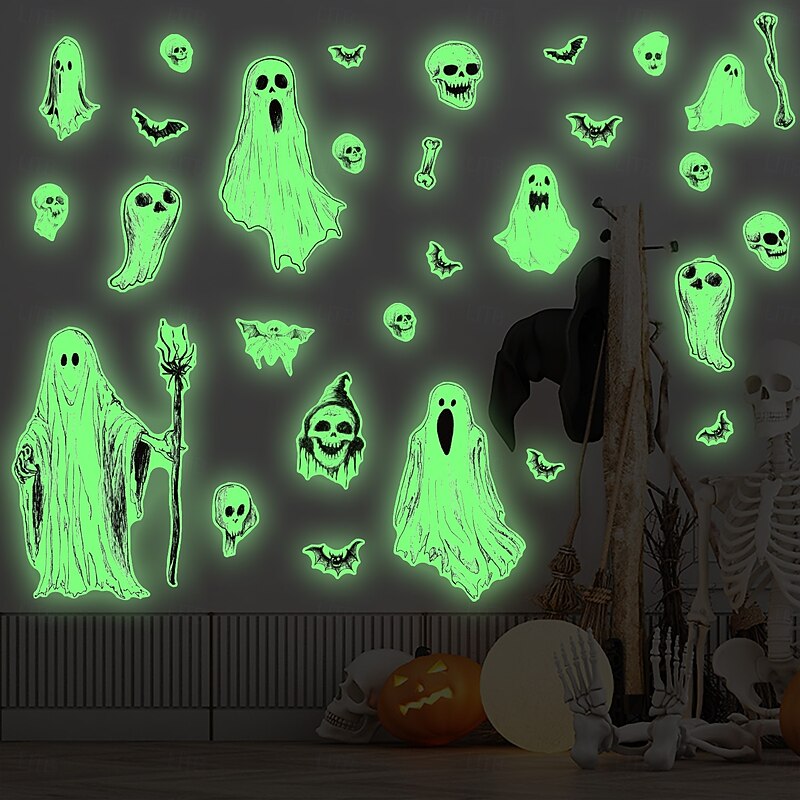 Halloween Wall Window Stickers Glow in the Dark, Scary Eyes Ghost Face Decals Fluorescent Luminous Clings for Day of the Dead Scene Wall Window Decorations4